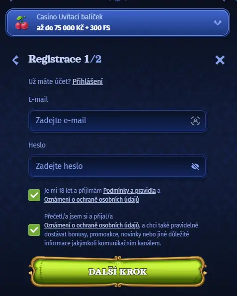Casombie Casino registrační formulář