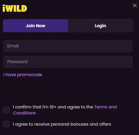 iWild Casino registrační formulář